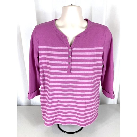 Croft & Barrow Women's Striped Top Half Sleeve to 3/4 Sleeve Mauve Button Tab - Picture 1 of 7